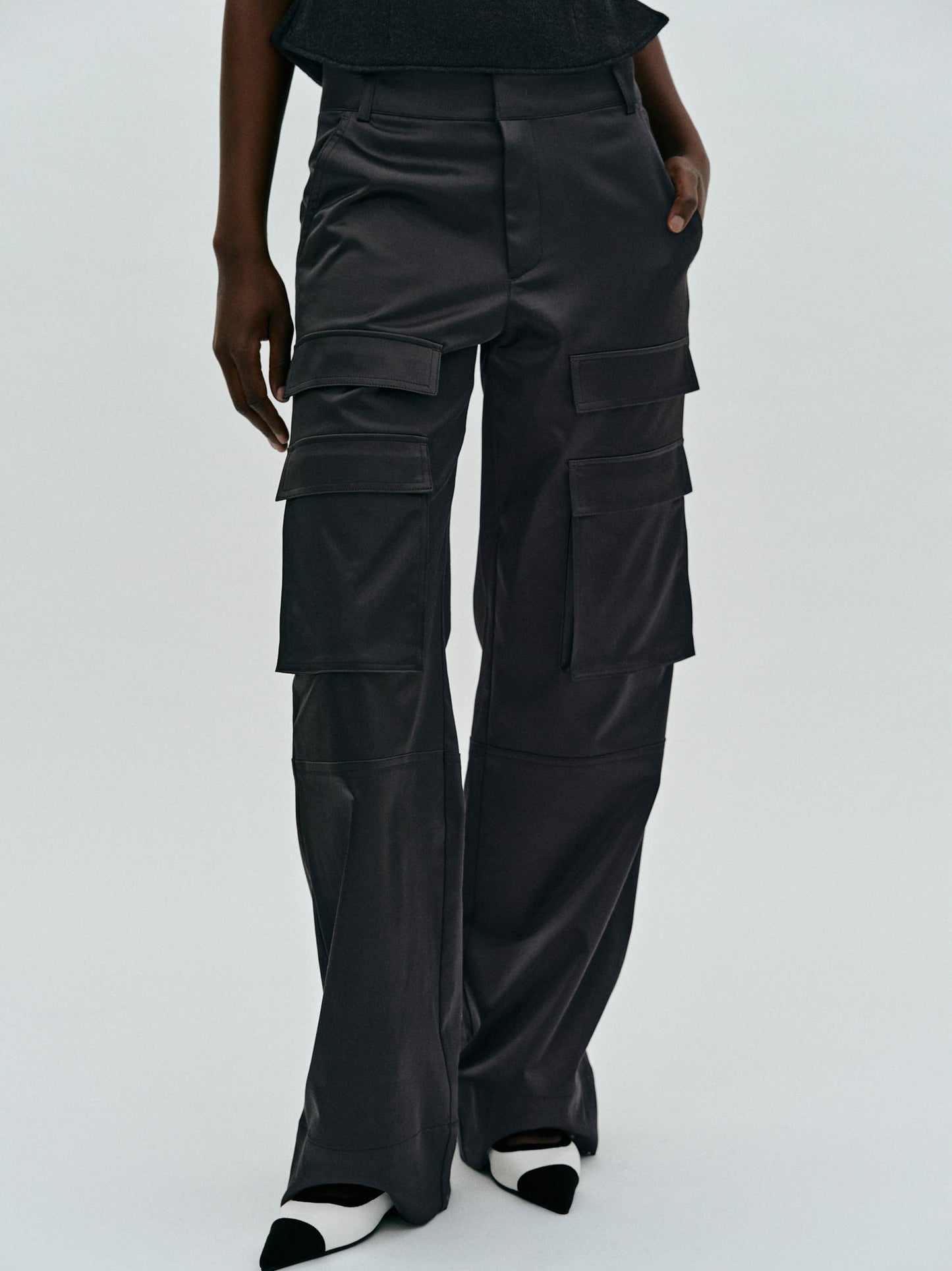 Satin Suit Cargo Trousers, Black