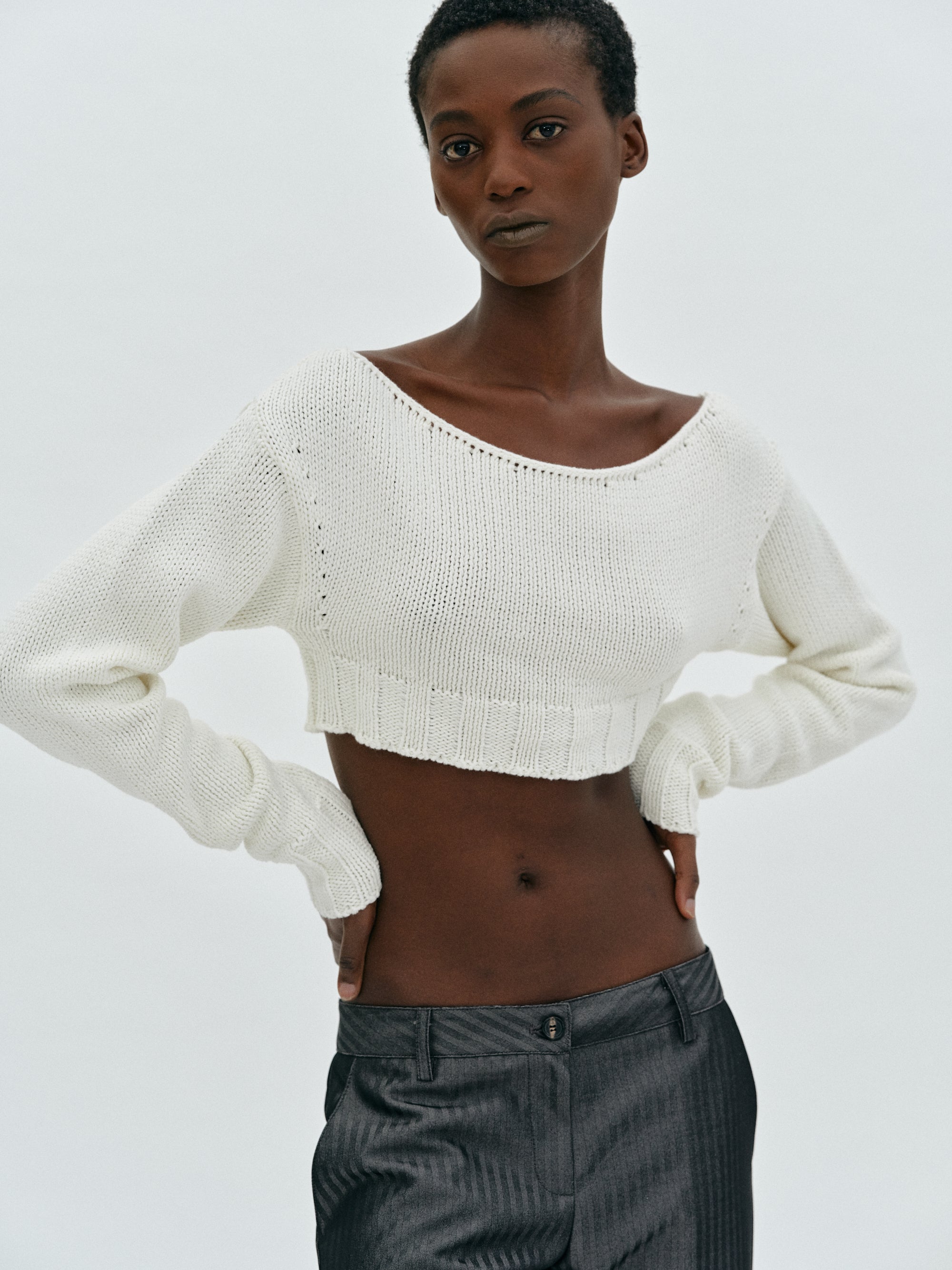 Boat Neck Cropped Knit, Ivory