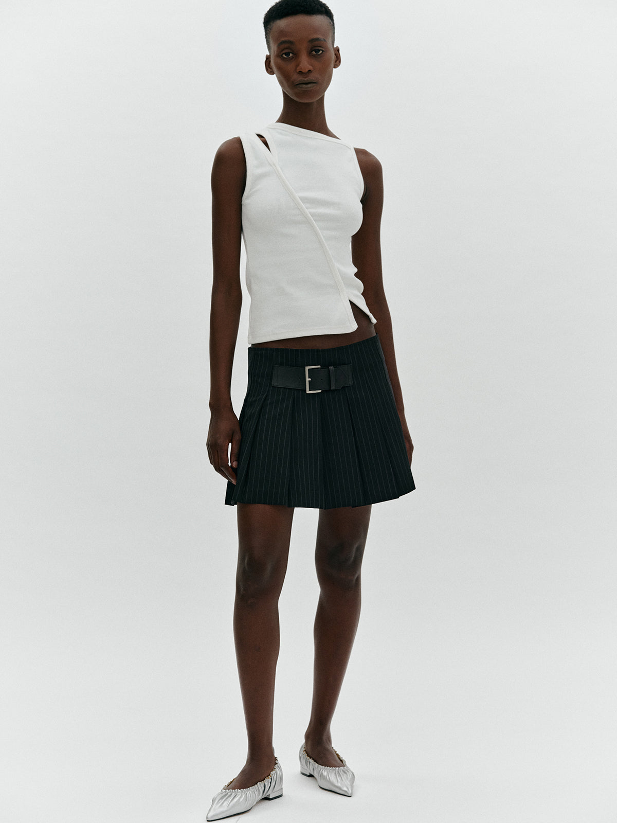 Pinstriped Wool Pleat Skirt, Black