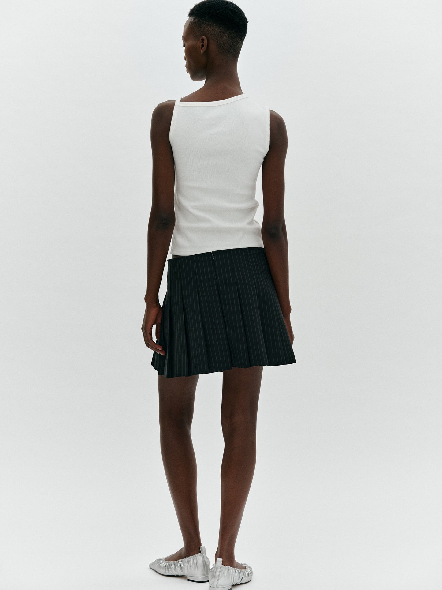Pinstriped Wool Pleat Skirt, Black