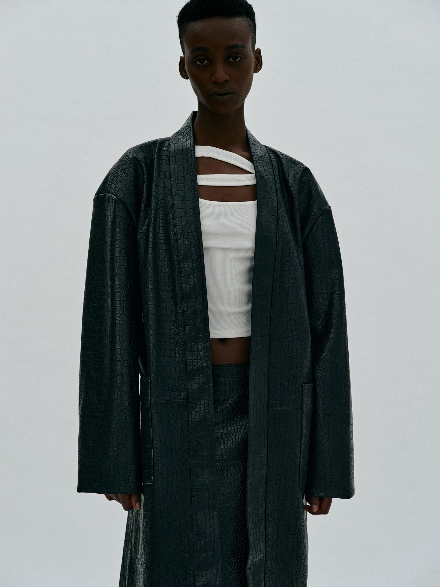 Vegan Leather Robe Coat, Black SourceUnknown