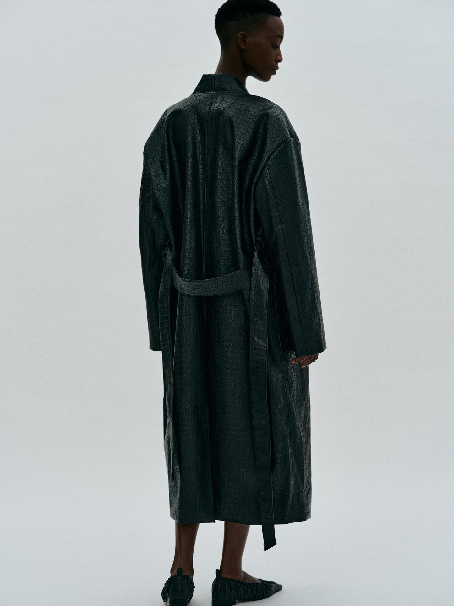 Vegan Leather Robe Coat, Black SourceUnknown