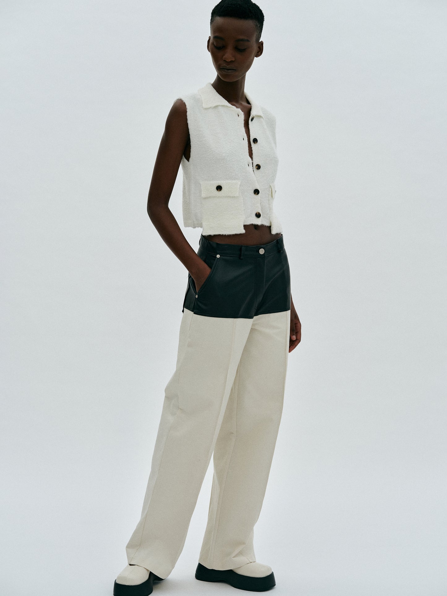 Leather-Paneled Trousers, Ivory