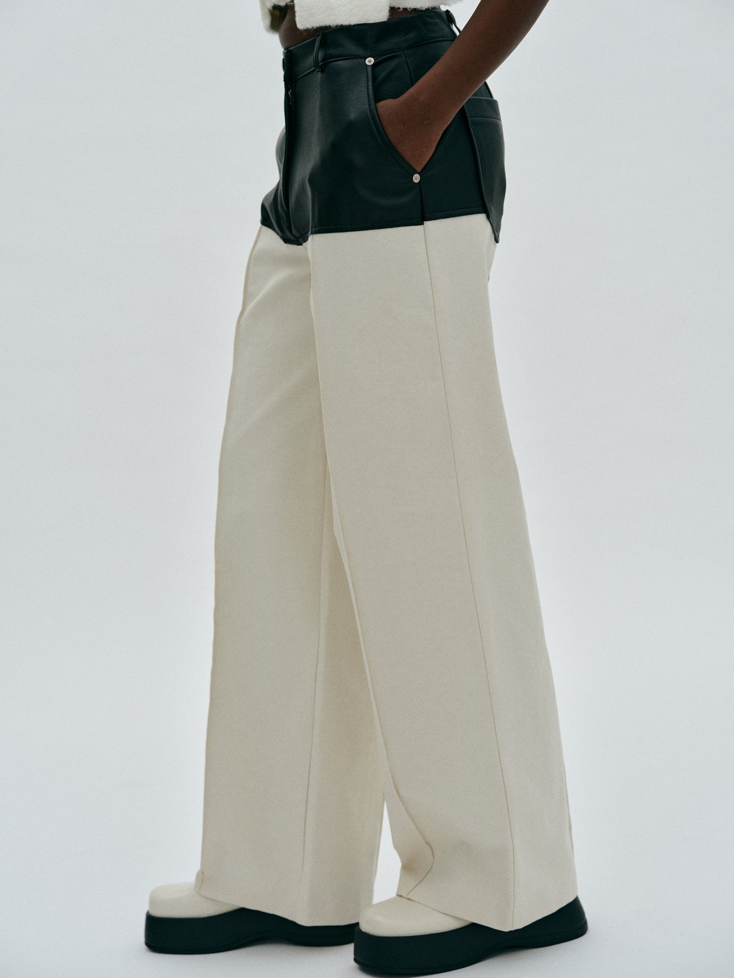 Leather-Paneled Trousers, Ivory