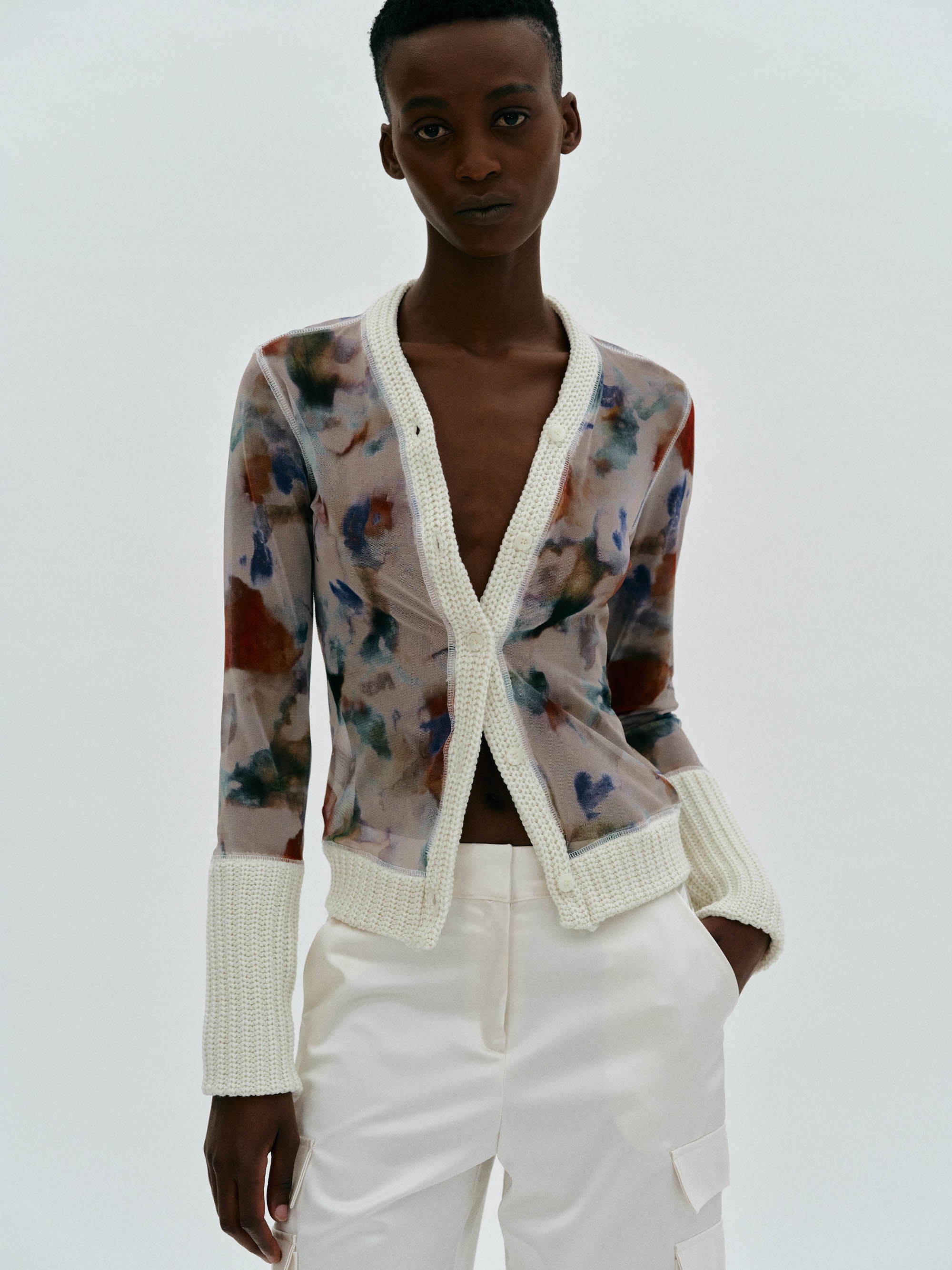 Mesh Print Cardigan, Ivory