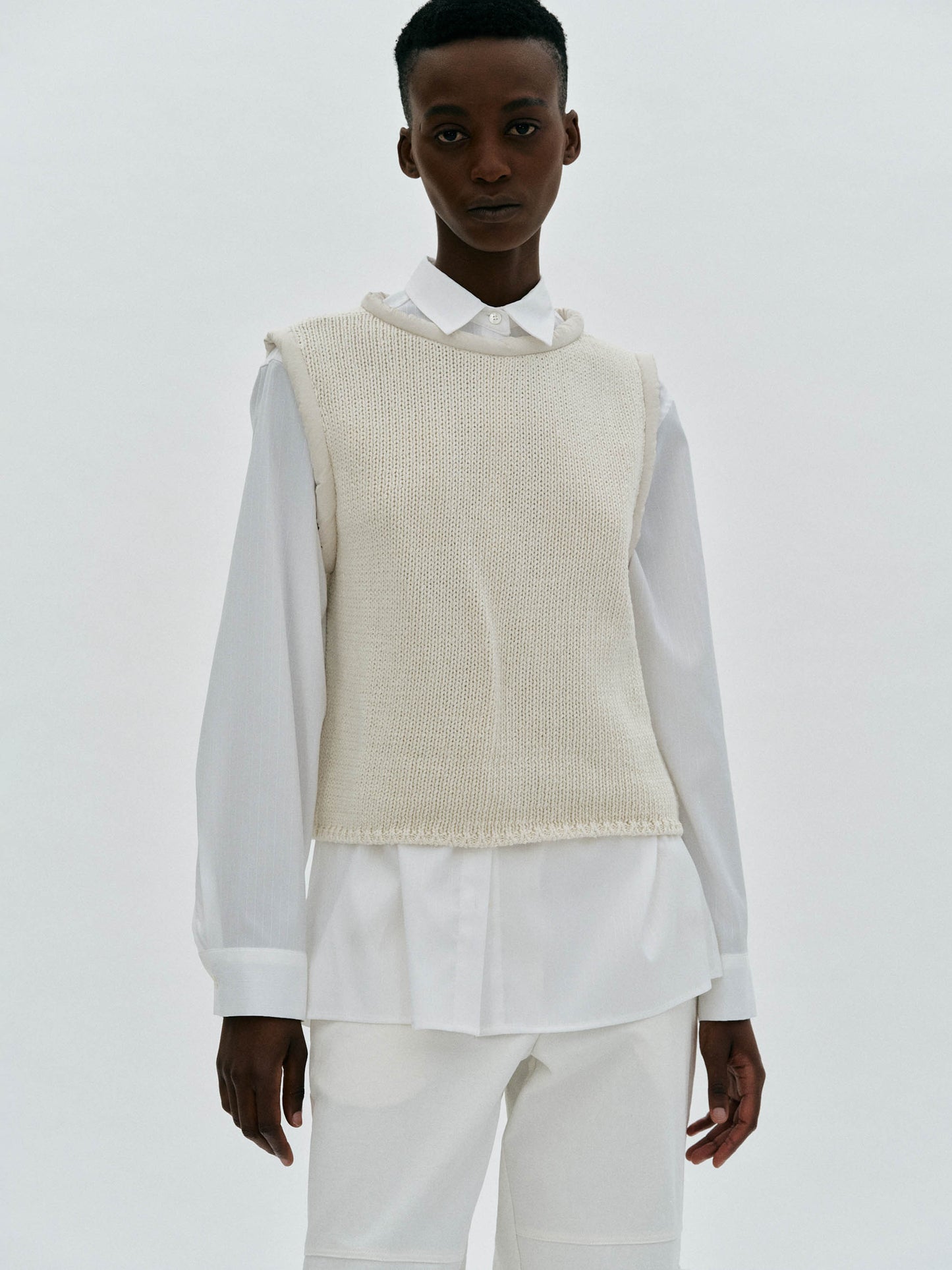 Puff Piped Knit Vest, Eggshell