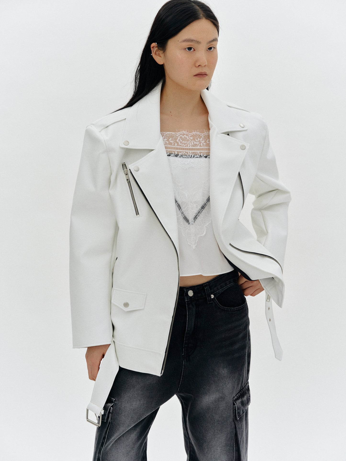 Oversized Faux Leather Moto Jacket, White