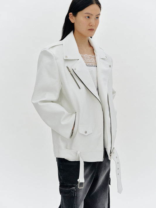 Oversized Faux Leather Moto Jacket, White