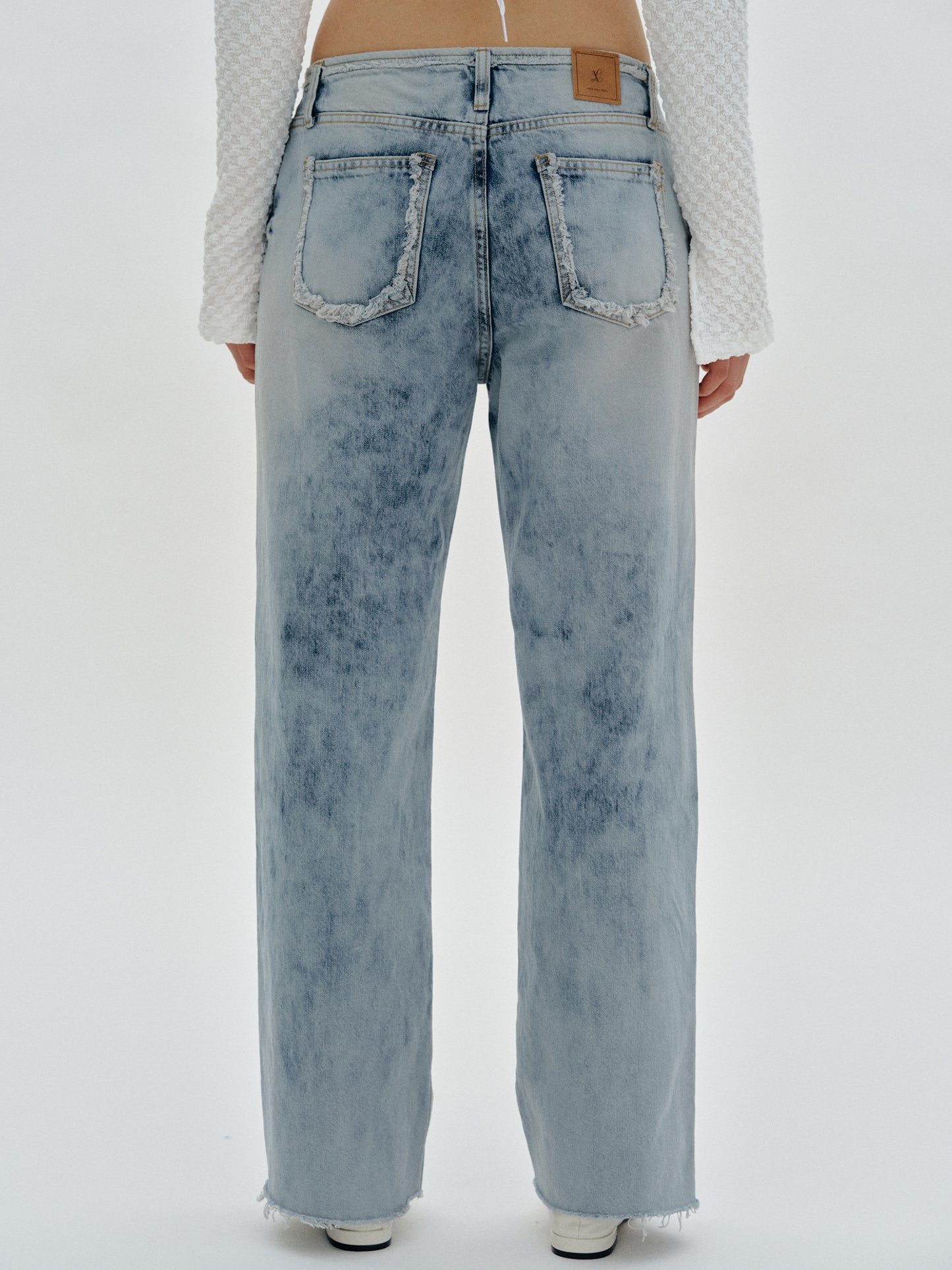 Low Waist Frayed Jeans, Acid Wash Blue