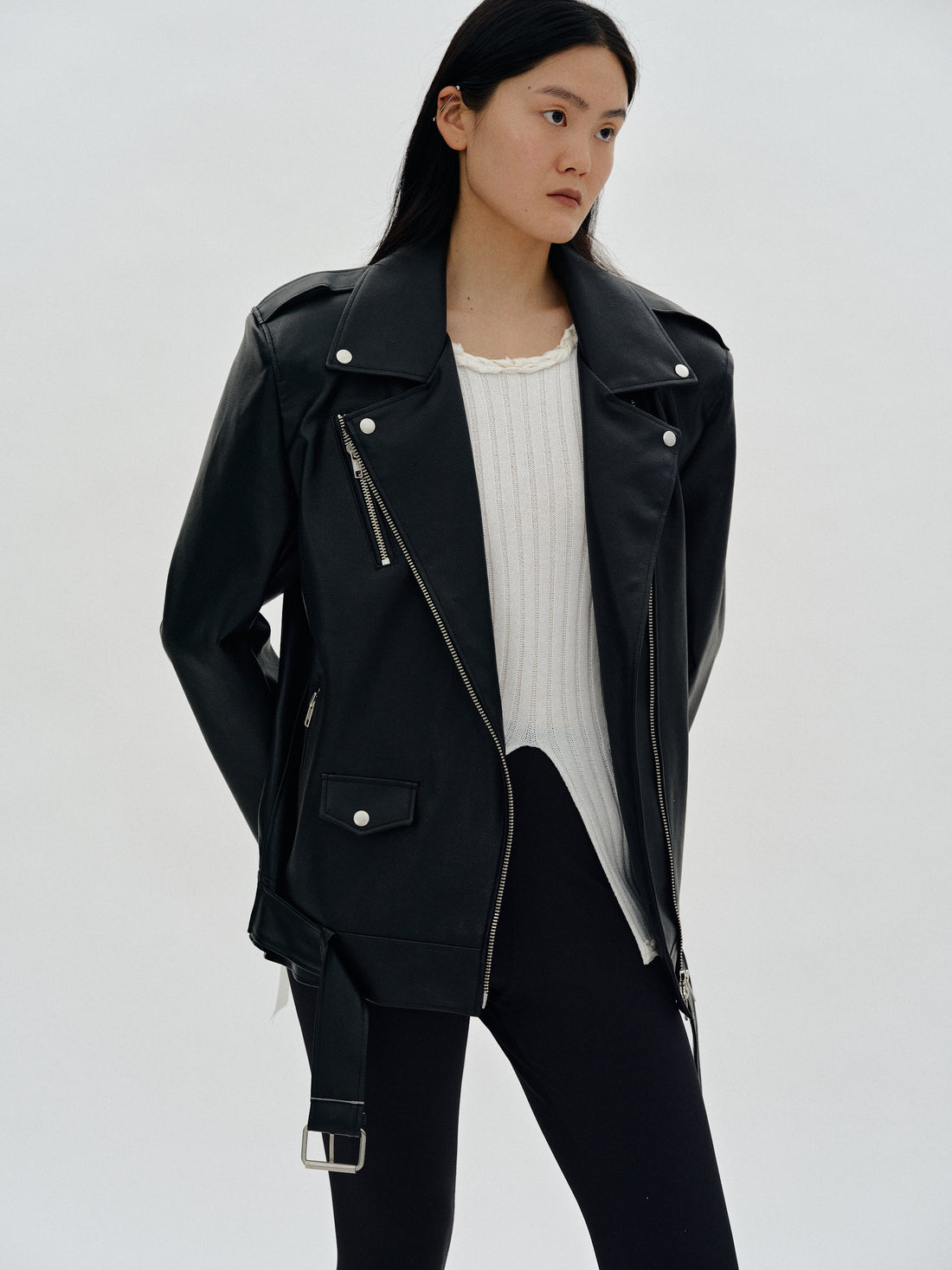 Oversized Faux Leather Moto Jacket, Black SourceUnknown