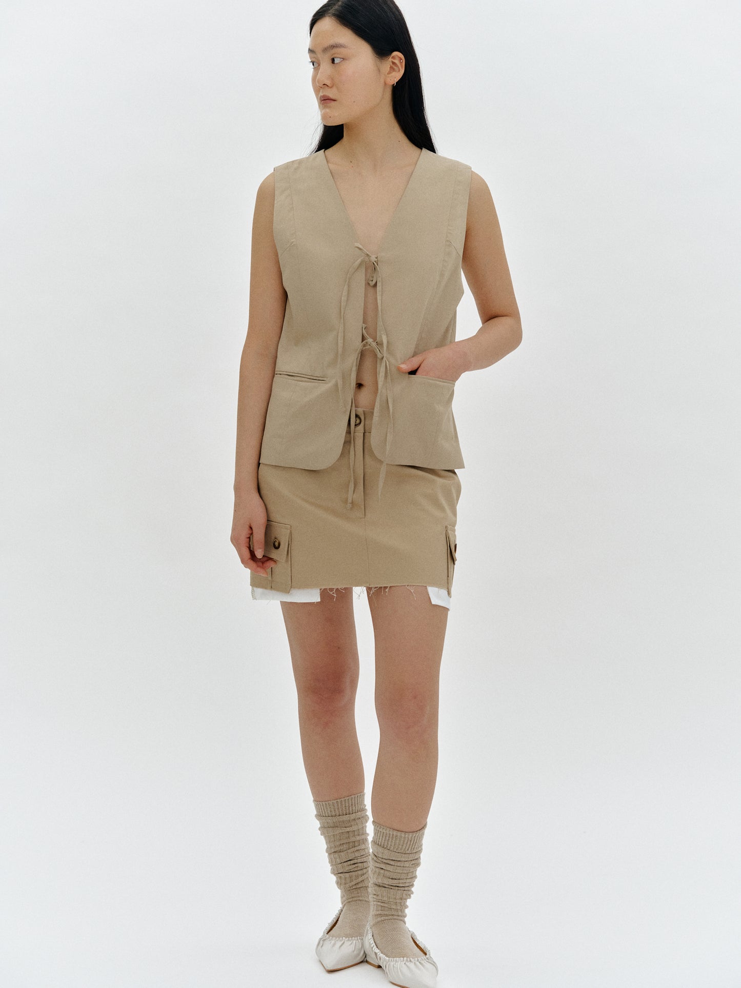 Low Rise Layer Cargo Skirt, Beige