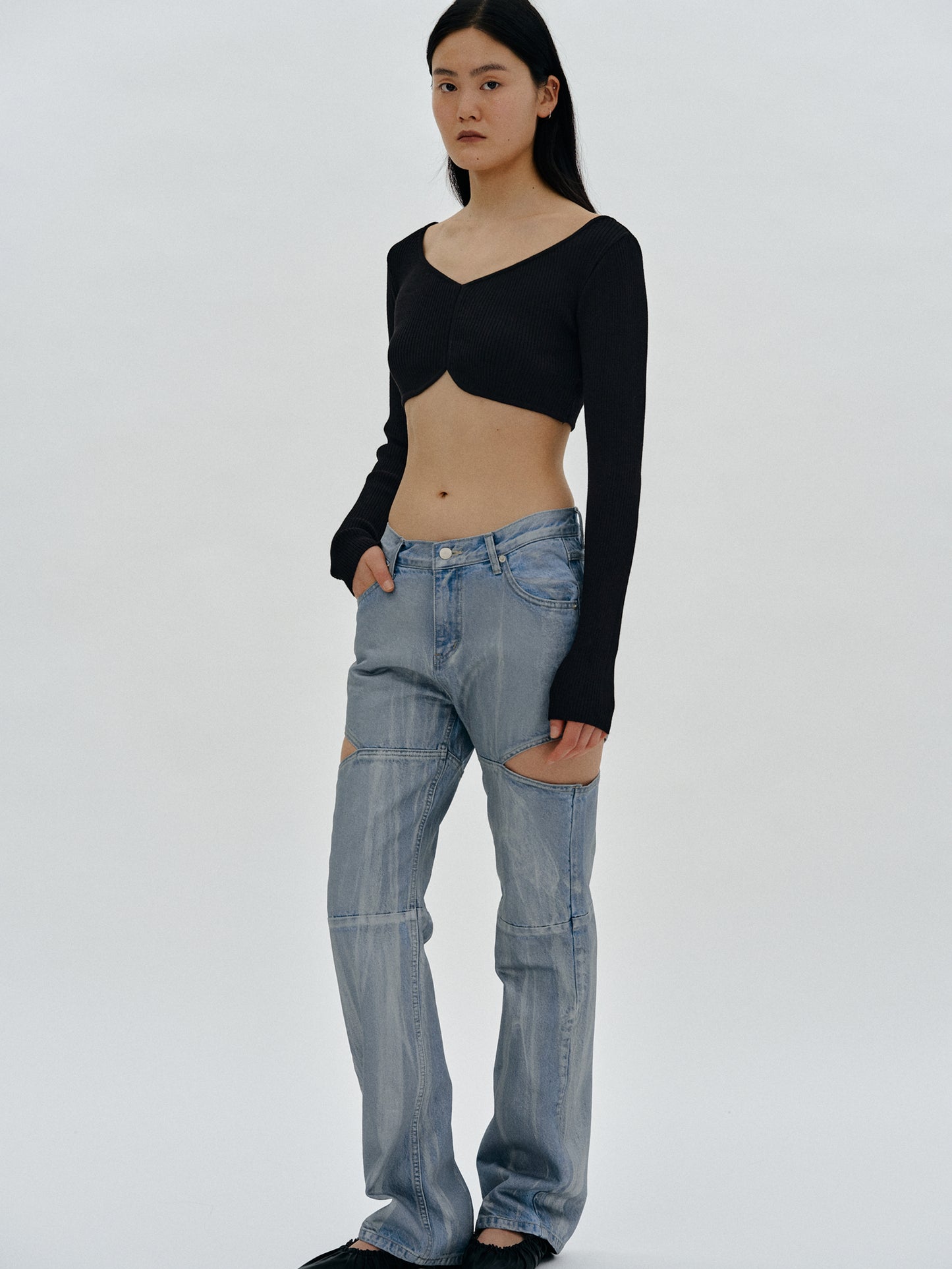 Cut Out Coated Jeans, Stone Washed – SourceUnknown