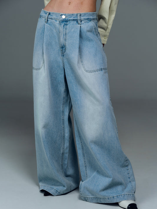 Extra Wide Pintuck Jeans, Sky Blue