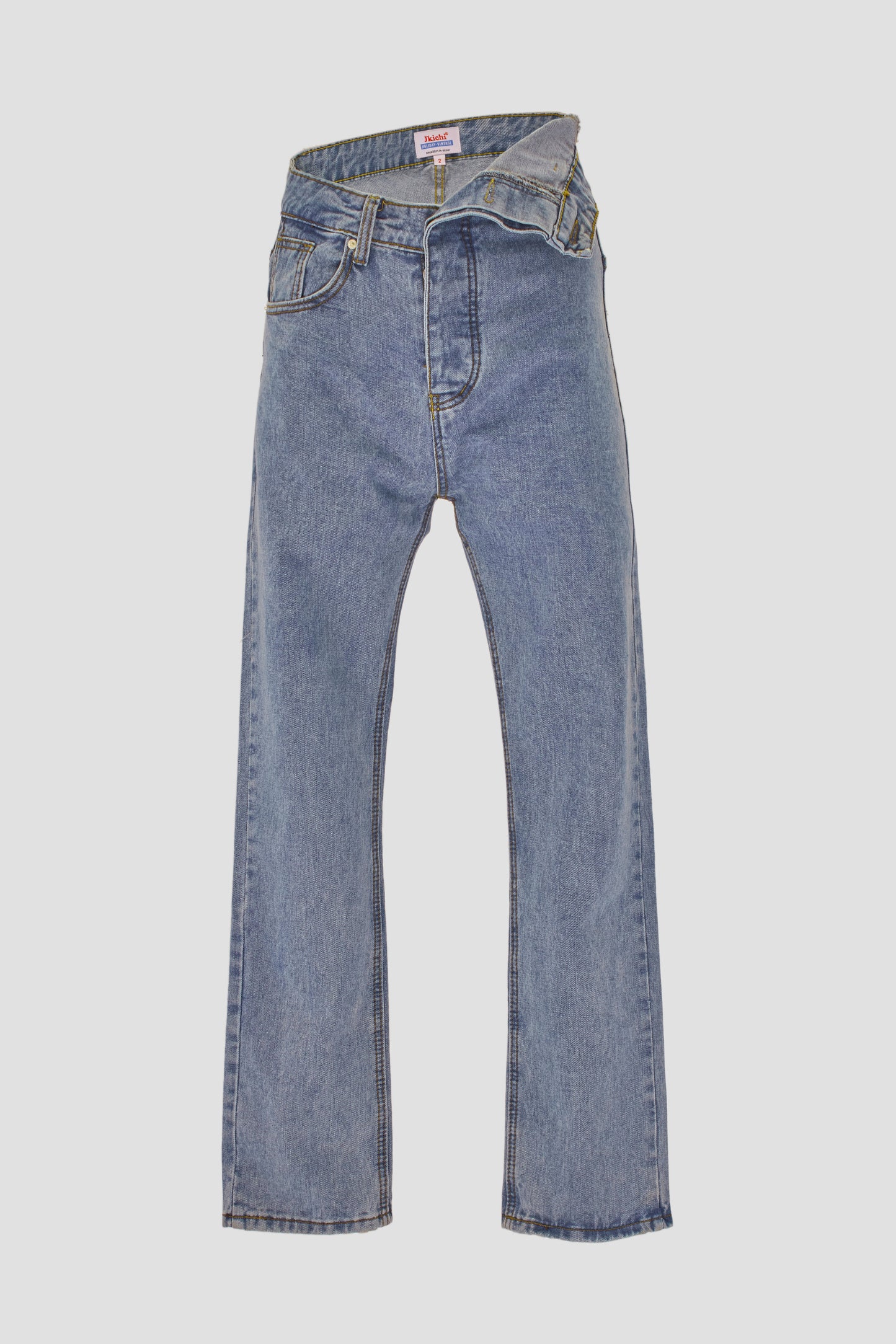 Asymmetric Fold Over Waist Jeans, Washed Blue