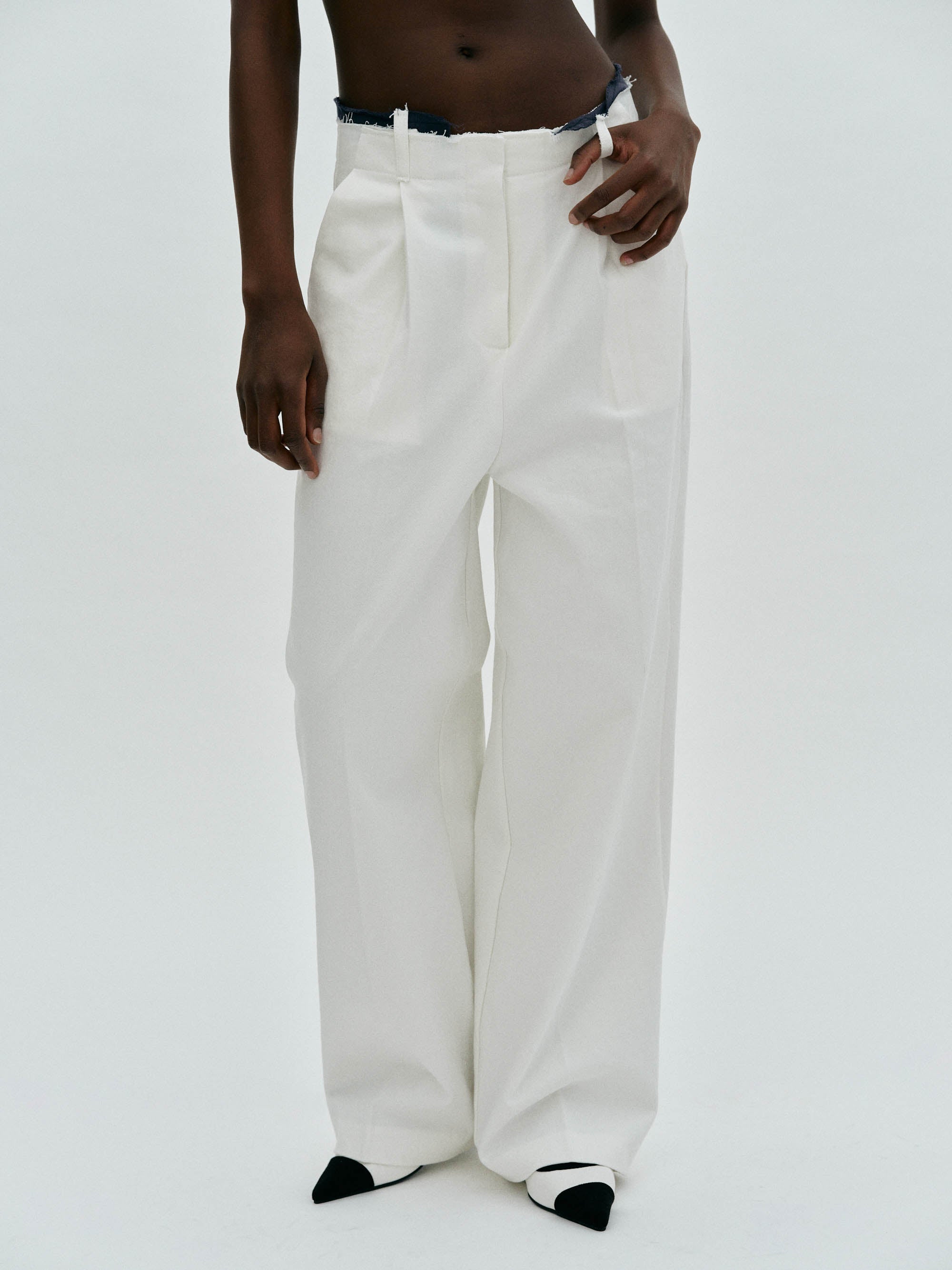 Contrast Raw Waist Pants, White