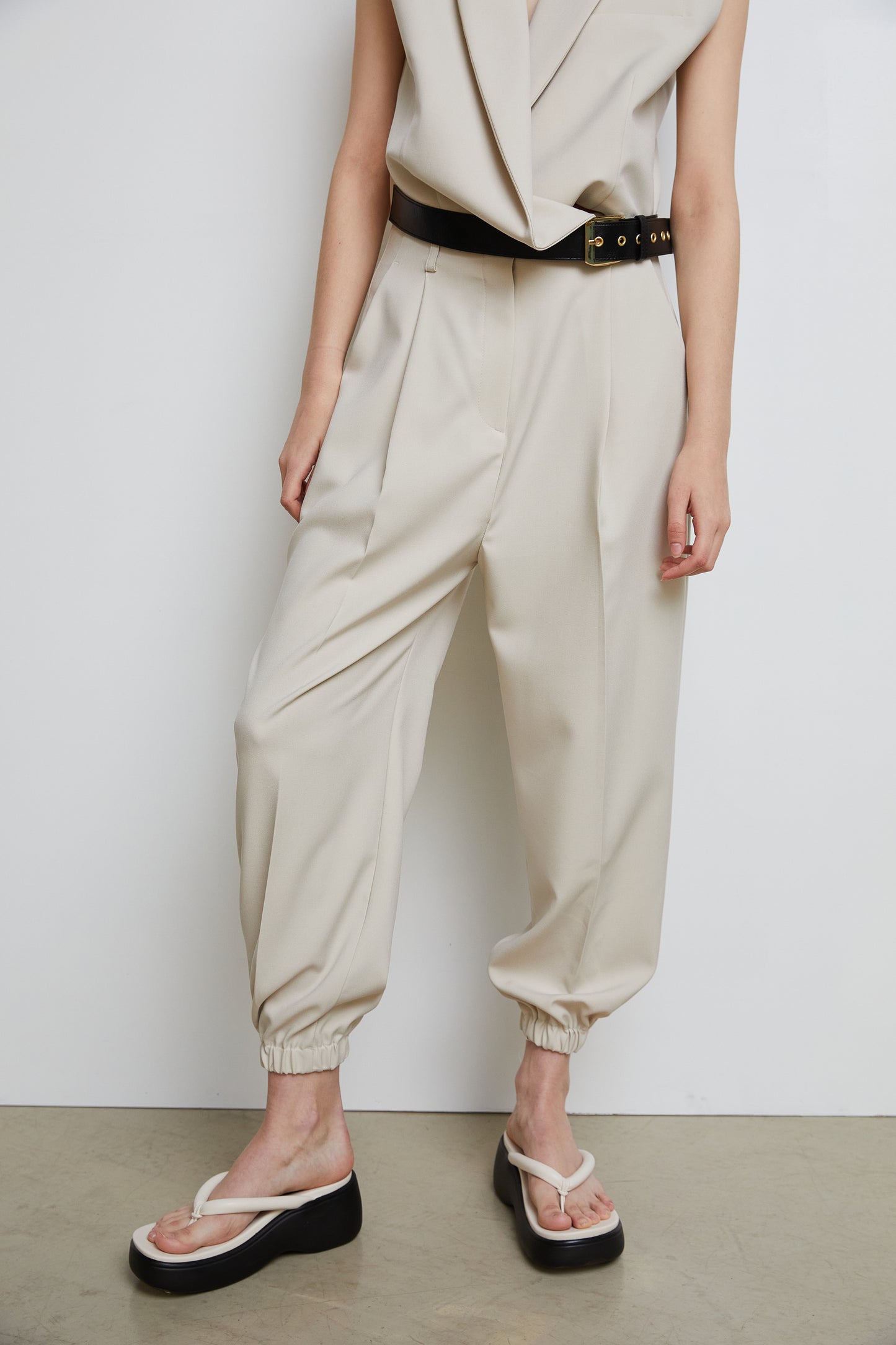 Bandless Pleated Jogger Pants, Beige