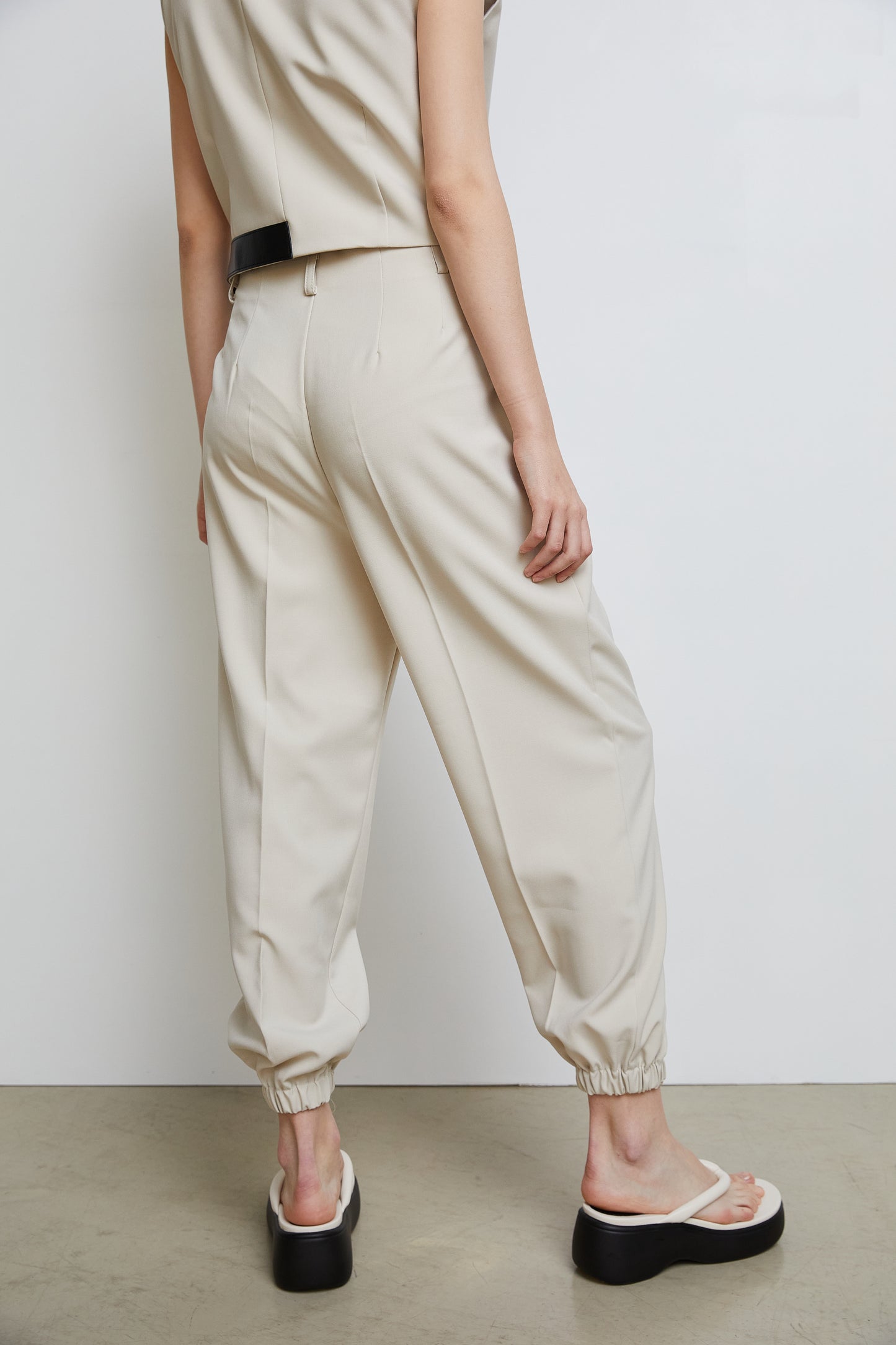 Bandless Pleated Jogger Pants, Beige