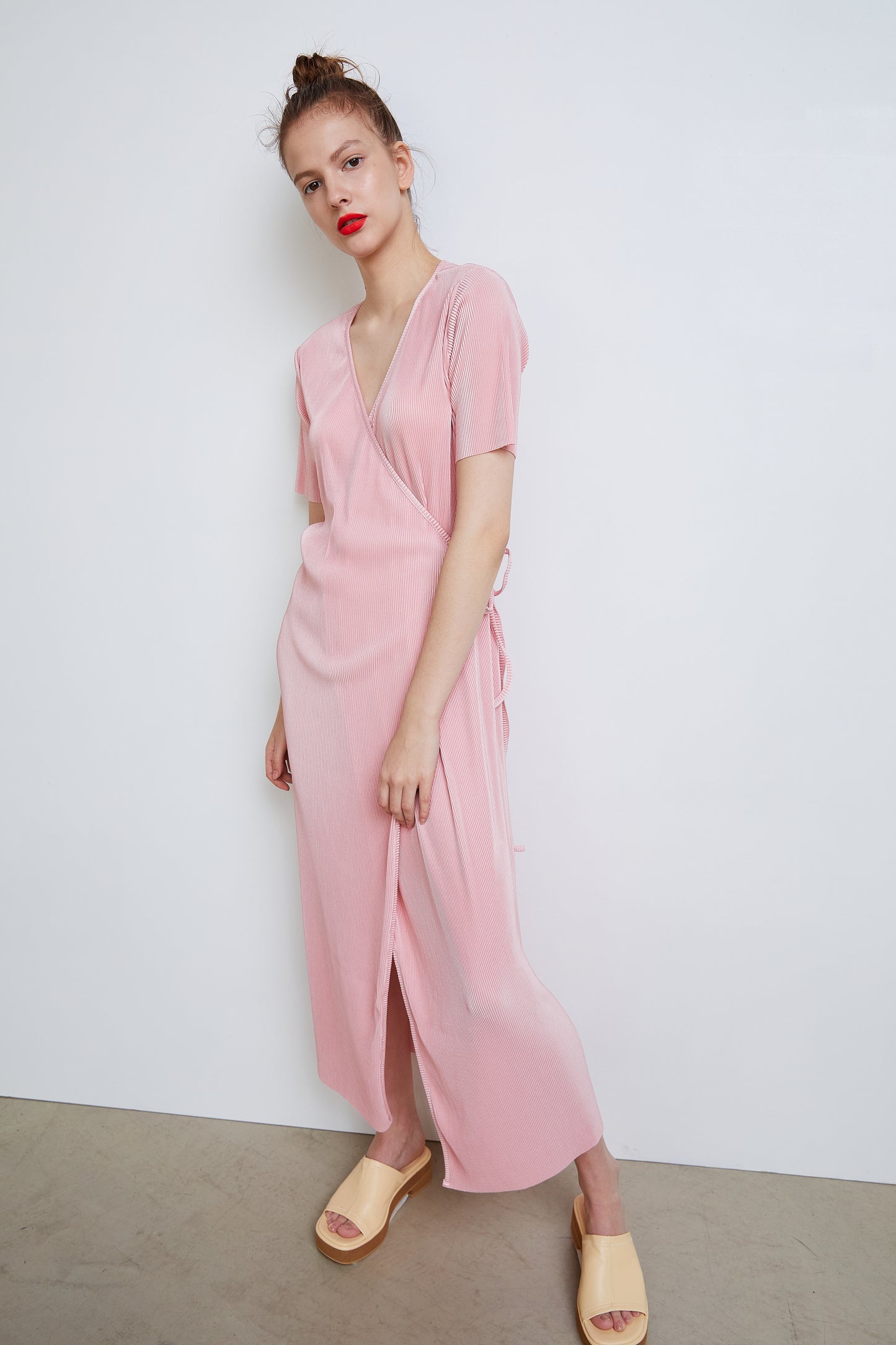 Velvet Pleated Wrap Dress, Pink