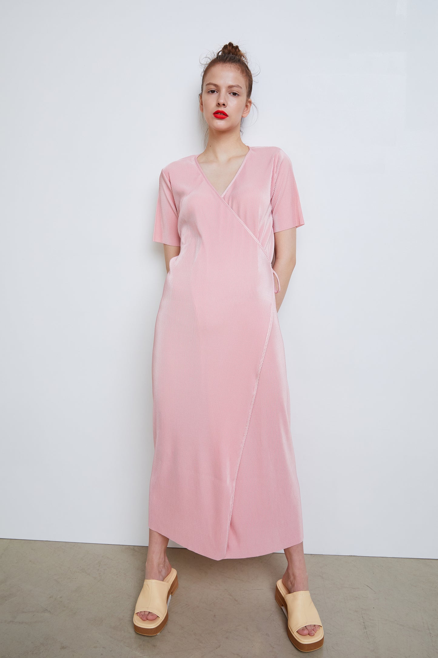 Velvet Pleated Wrap Dress, Pink