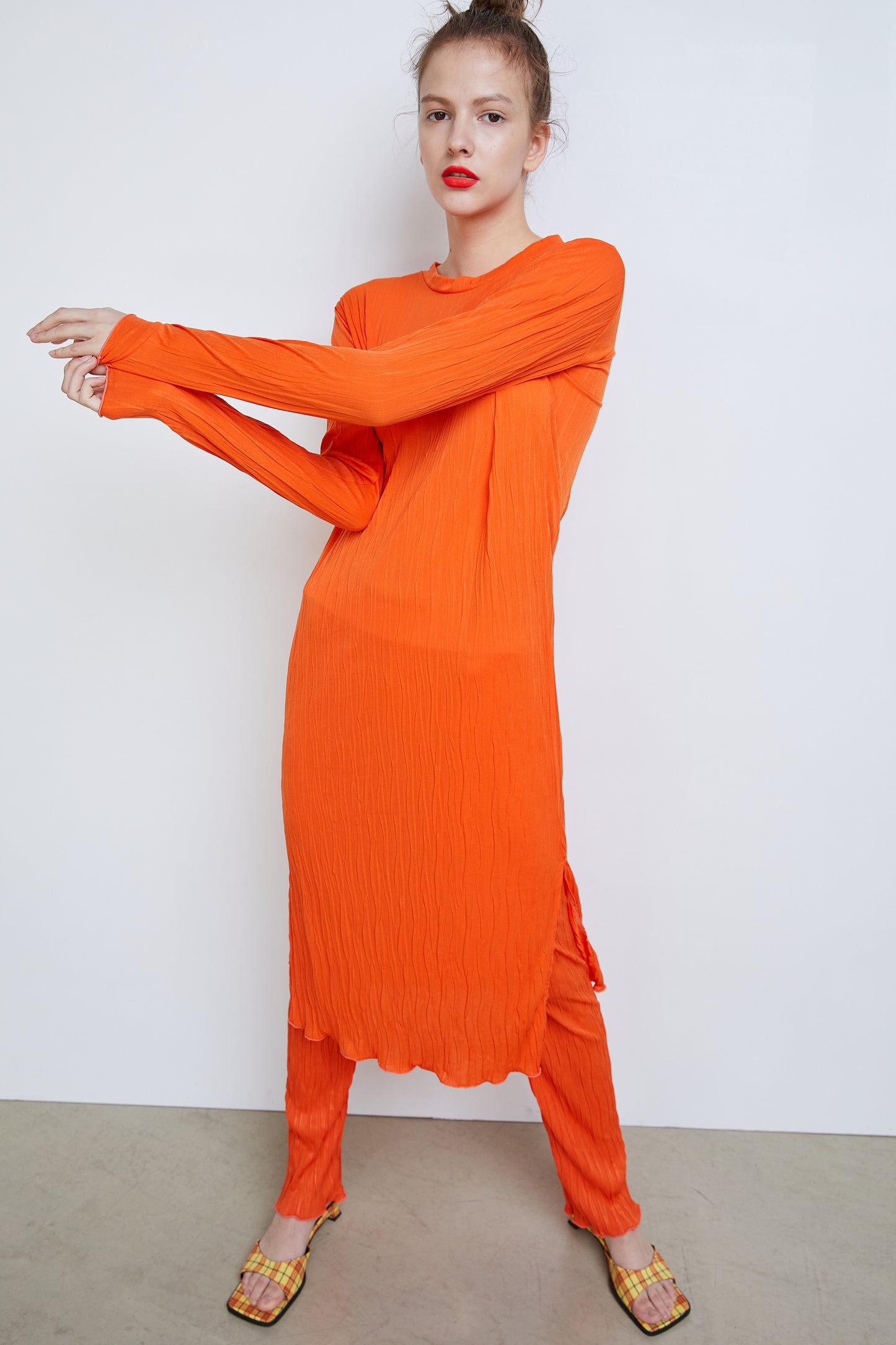 Pleated Long Dress, Orange