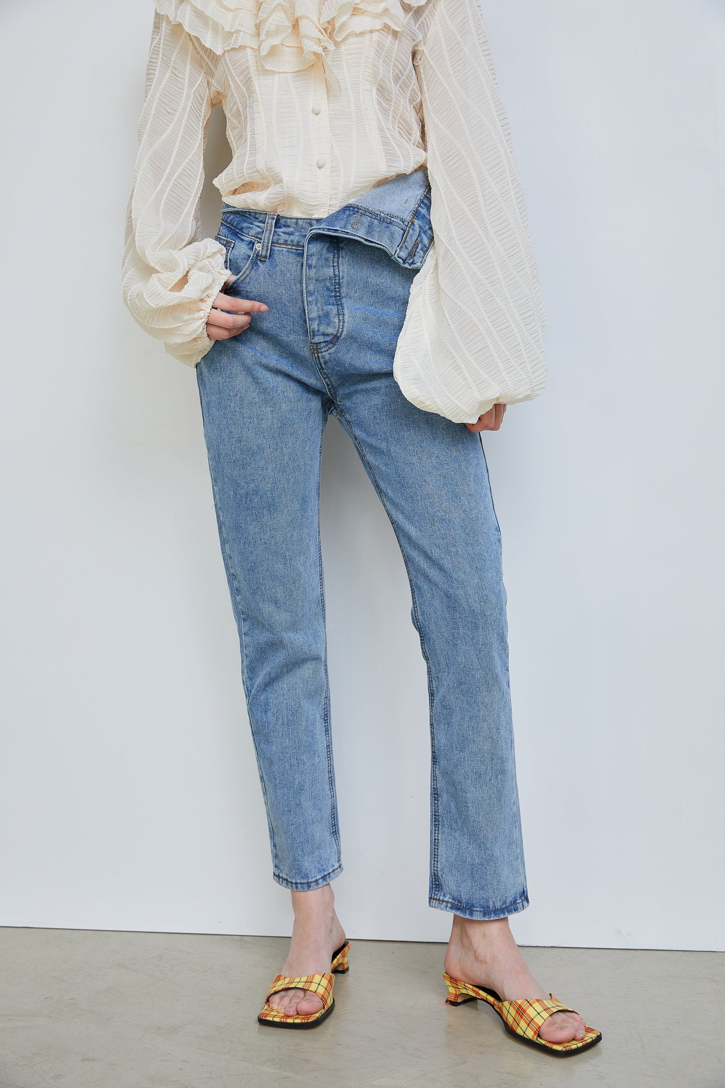 Asymmetric Fold Over Waist Jeans, Washed Blue