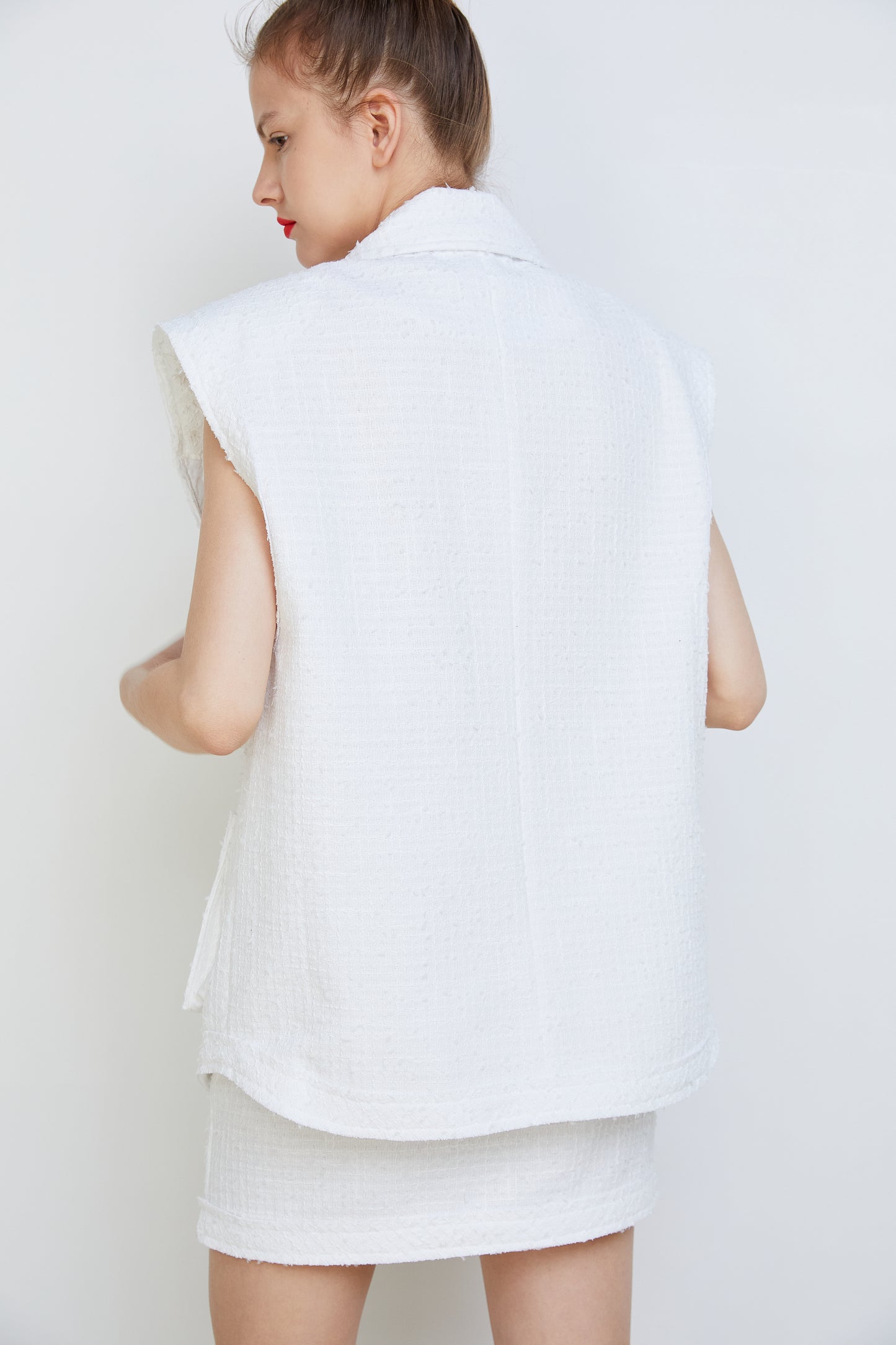 Padded Shoulder Oversized Tweed Vest, Off White