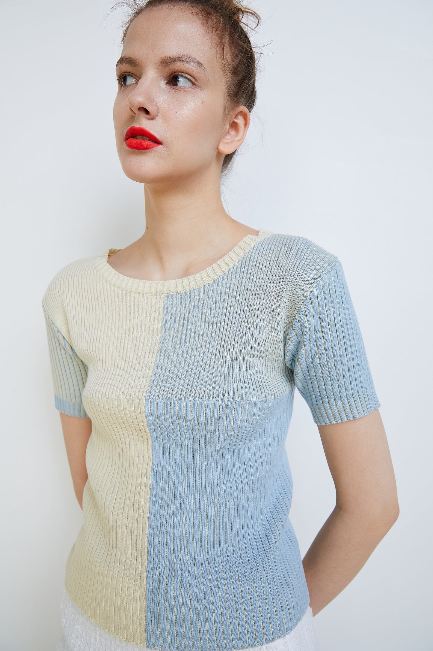 Colorblock Ribbed Knit Top, Blue