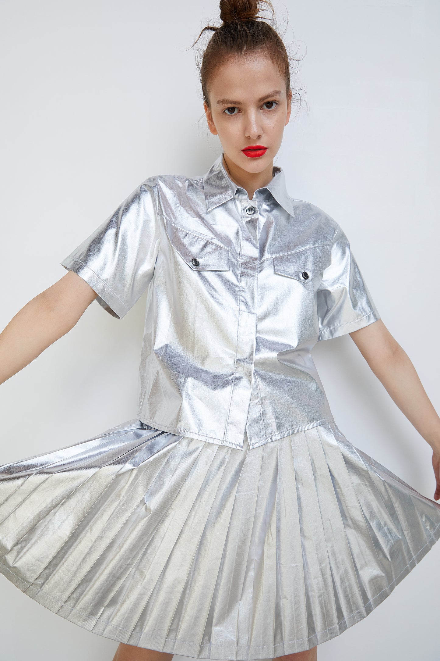 Metallic Pleated Skirt, Silver