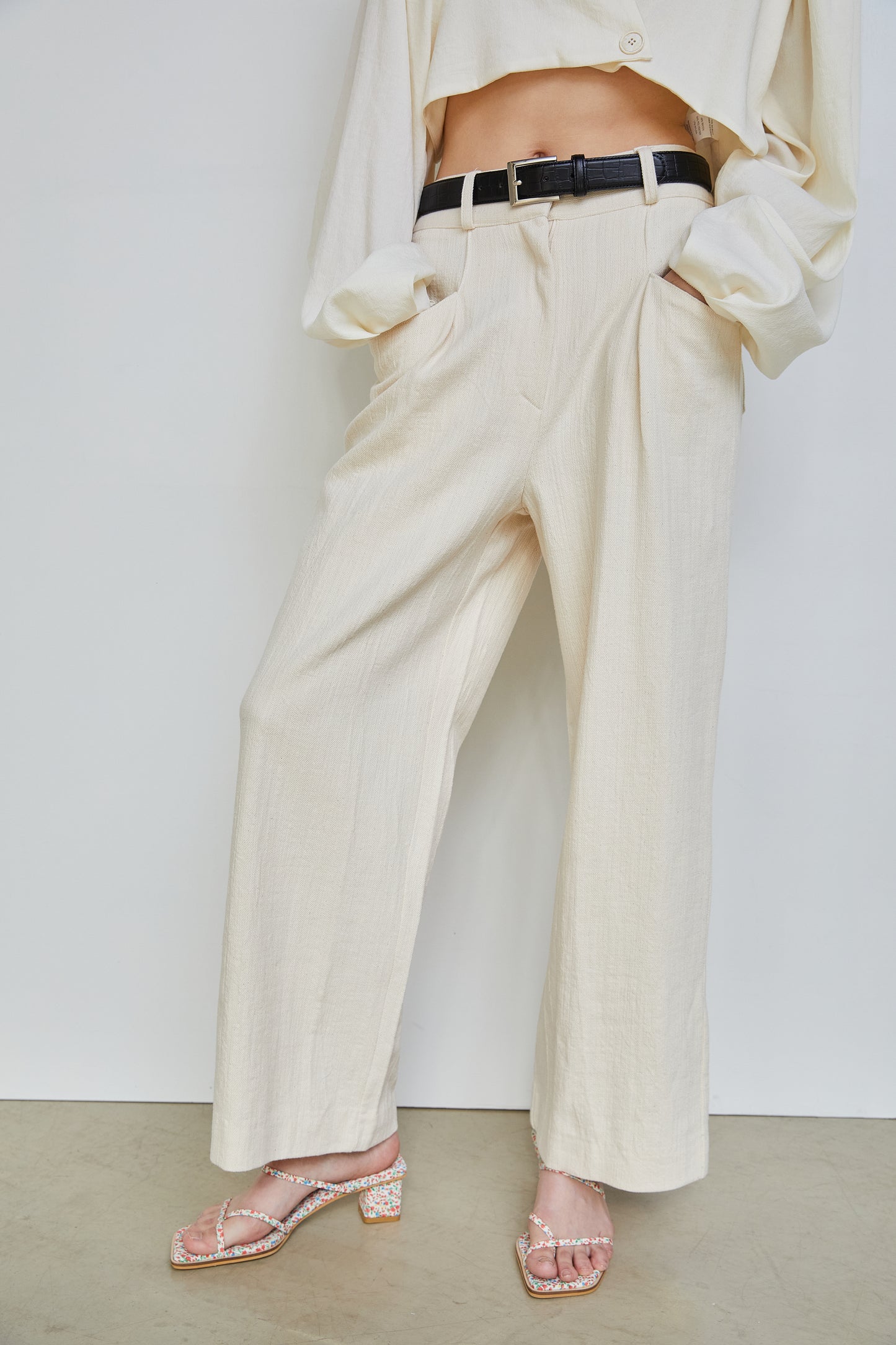 Linen Textured Loose Pants, Ivory