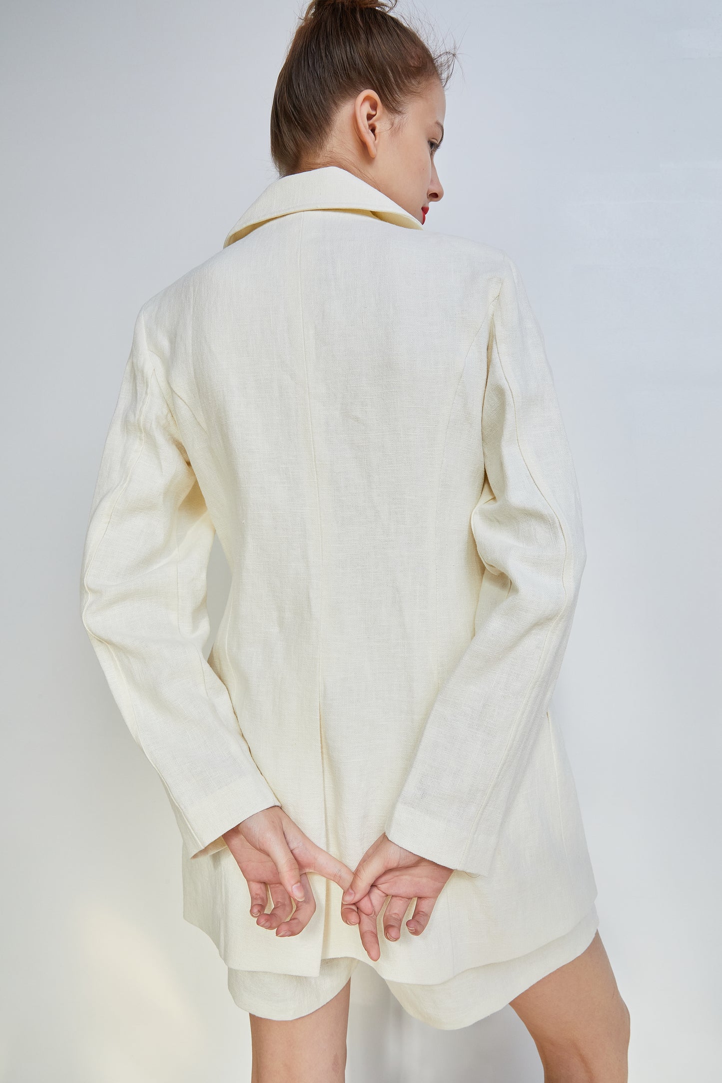 Single Breasted Long Blazer Linen Jacket, Ivory