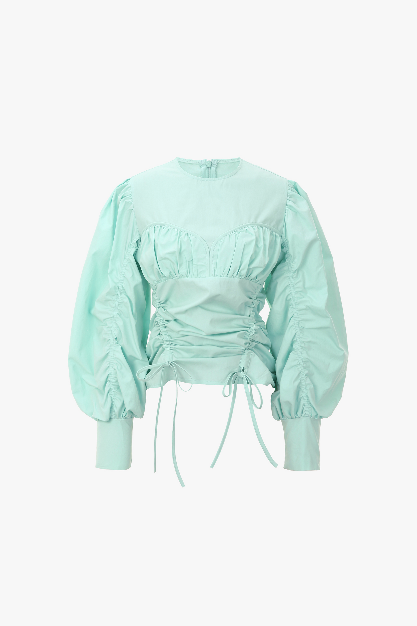 Gathered Waist Blouse With Puffy Sleeves, Mint