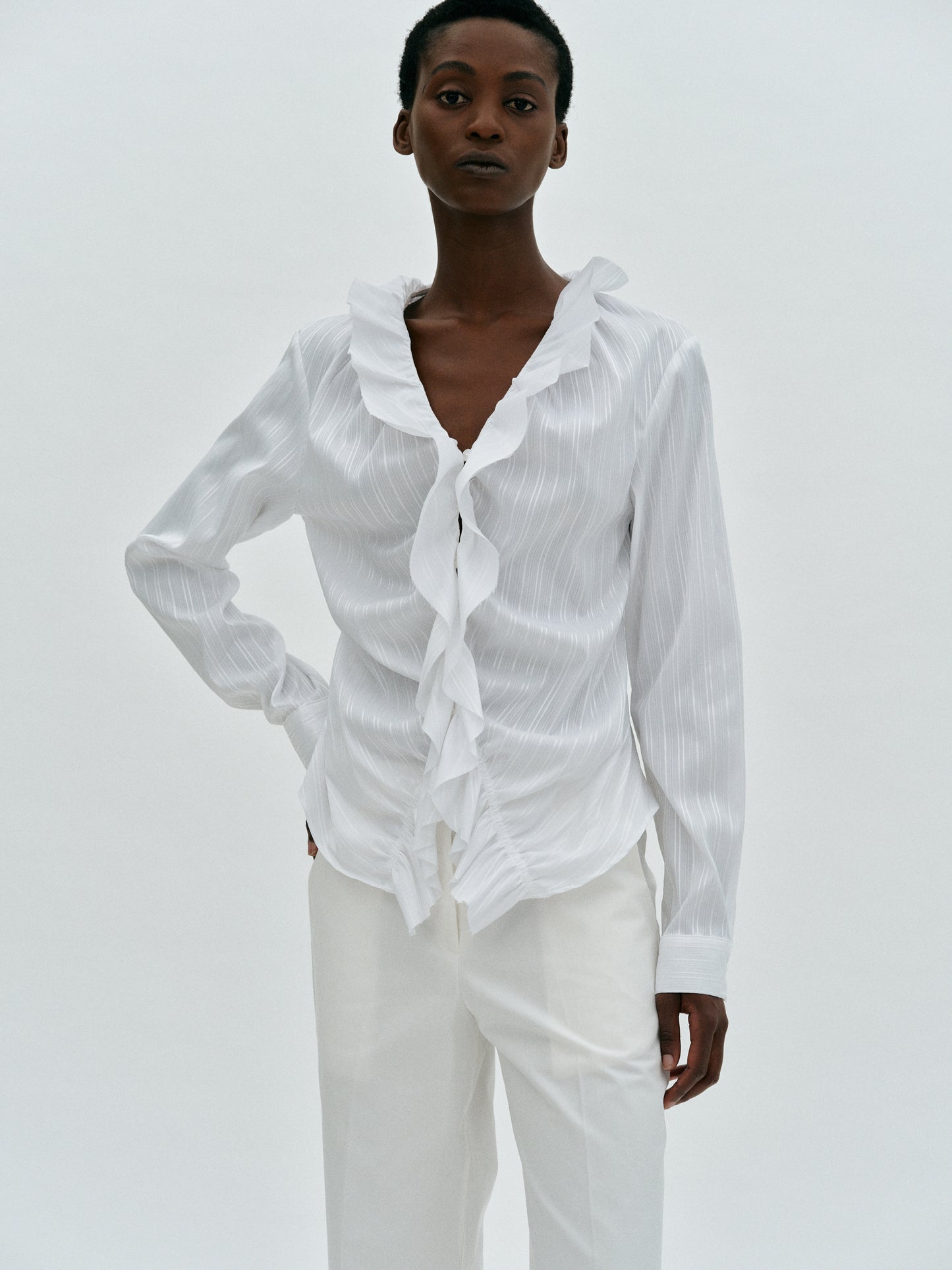 Satin Effect Ruffle Shirt, White